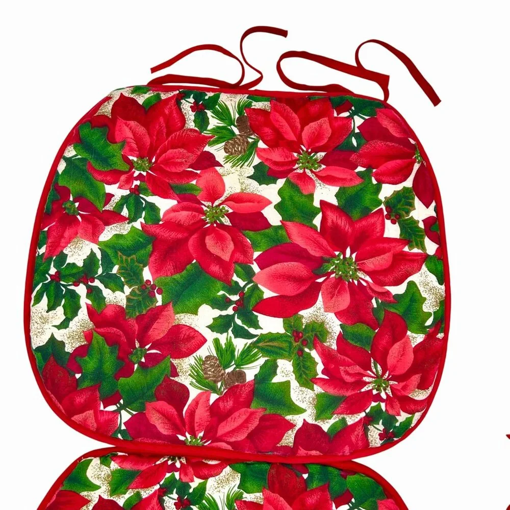 SET OF 4 CHRISTMAS HOLIDAY RED & GREEN POINSETTIA CHAIR CUSHIONS